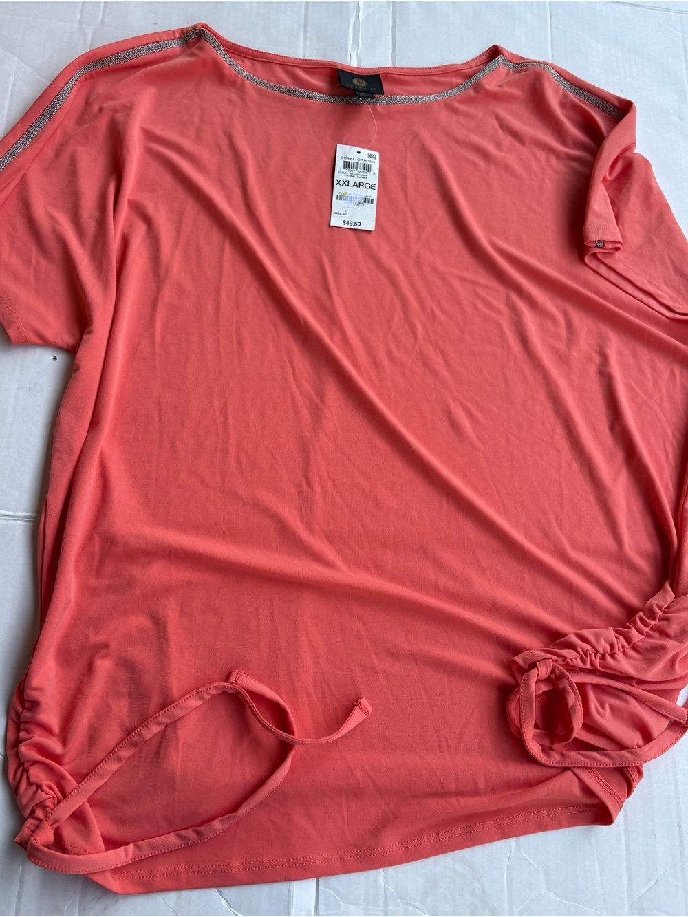 JM Collection Coral Blouse Top Metallic Silver Trim Neckline New